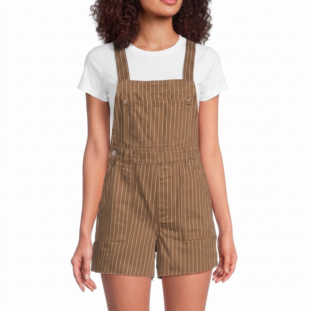 NWT WEWOREWHAT Denim Shortalls in Brown Pinstripe, XXS. ($99)